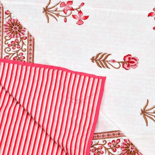 Image of BLOCKS OF INDIA 100% Cotton Dohar King Size Reversible Hand Block Printed Malmal Summer Dohar /Blanket (Pink Peach Flower)