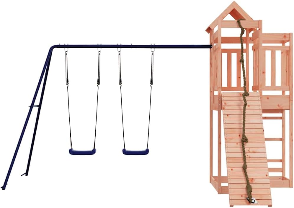 Outdoor Playset Natural Wood Blue Solid Douglas Wood Polypropylene with Climbing Wall and Double Swings for Garden Play