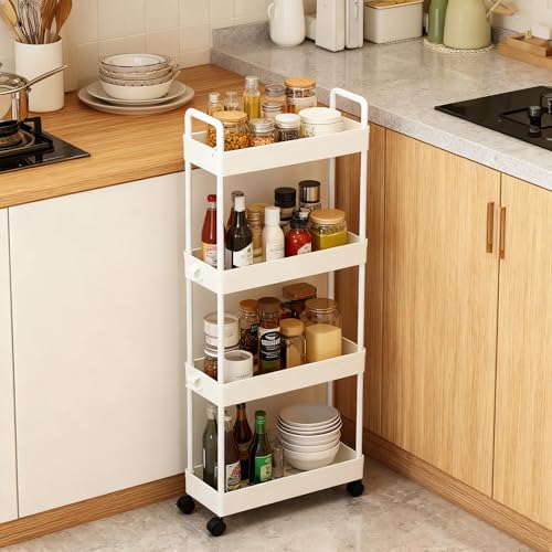 Aissiora 収納ラック キャスター付き 隙間収納カート 4段 キッチンワゴン すき間ワゴン スリム 小物 スパイス 調味料収納ラック ワゴン 食品棚 コーナーラック オープンシェルフ 洗面所/冷蔵庫横/台所/トイレ収納（白，4段）