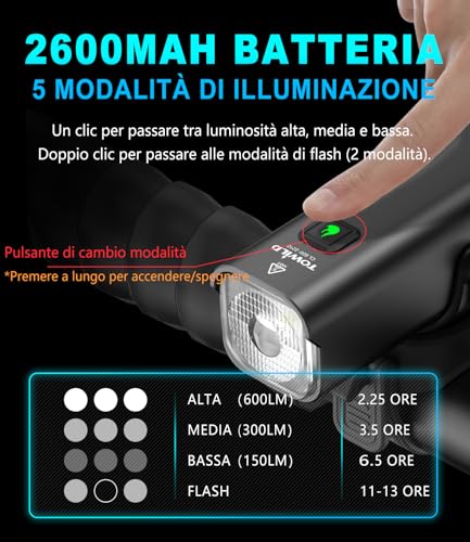 TOWILD CL600/CL1000 Luz Bicicleta, 600/1000 Lúmenes Inteligente Luces Delantera Bicicleta LED para Desplazamiento, Recargable Impermeable IPX6 para Conducción Nocturna, 2000/4000 mAh - imagen 7