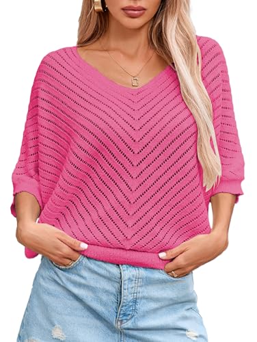 Image of Libsorge Womens Sexy V Neck 3 /4 Sleeve Sweater Spring 2025 Trendy Dressy Casual Outfits Lightweight Crochet Knit Pullover Top