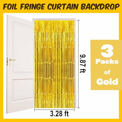Image of 3 Pack Gold Foil Fringe Curtains Backdrop, 3.28 x 9.8 Ft Metallic Streamers Tinsel Curtains Background for Photo Booth, Birthday, Halloween, Christmas, Thanksgiving, New Year Party Decorations