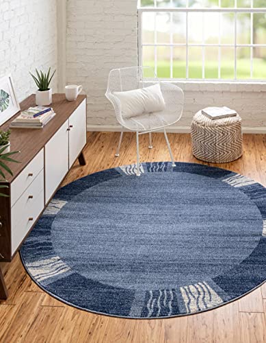 Image of Unique Loom Del Mar Collection Area Rug- Transitional Inspired with Modern Contemporary Design(4' 1 Round, Navy Blue / Ivory)