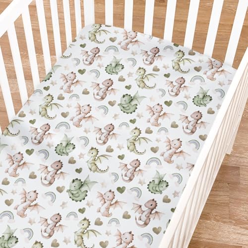 Image of Cute Baby Dragons Love Baby Crib Sheets for Boy Girl 52"x28" Fairytale Dragons Rainbow Hearts Stars Soft Crib Mattress Cover Jungle Animal Breathable Baby Sheets for Standard Crib and Toddler Mattress