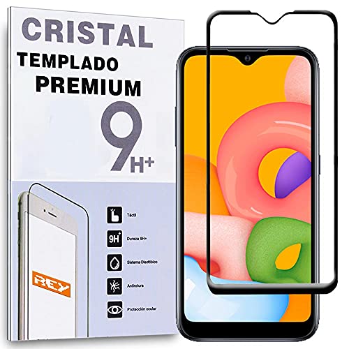 REY Protector de Pantalla Curvo para Samsung Galaxy A01 - Galaxy M01, Negro, Cristal Vidrio Templado Premium, 3D / 4D / 5D, Anti Roturas