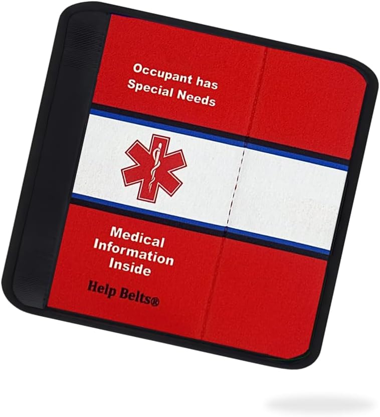 Any/Multiple Condition Medical Alert Seatbelt Cover for Children in Car Seats (6”) Featuring an Emergency Information Form and Pocket by Help Belts. (Red/White)