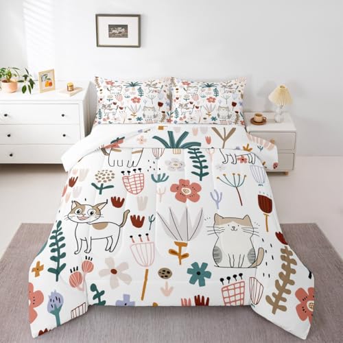 Image of Feelyou Cat Comforter Set - Toddler Size, Cute Kitten Print Duvet Set for Kids, Cat Lover's Animal Botanical Plant Room Decor