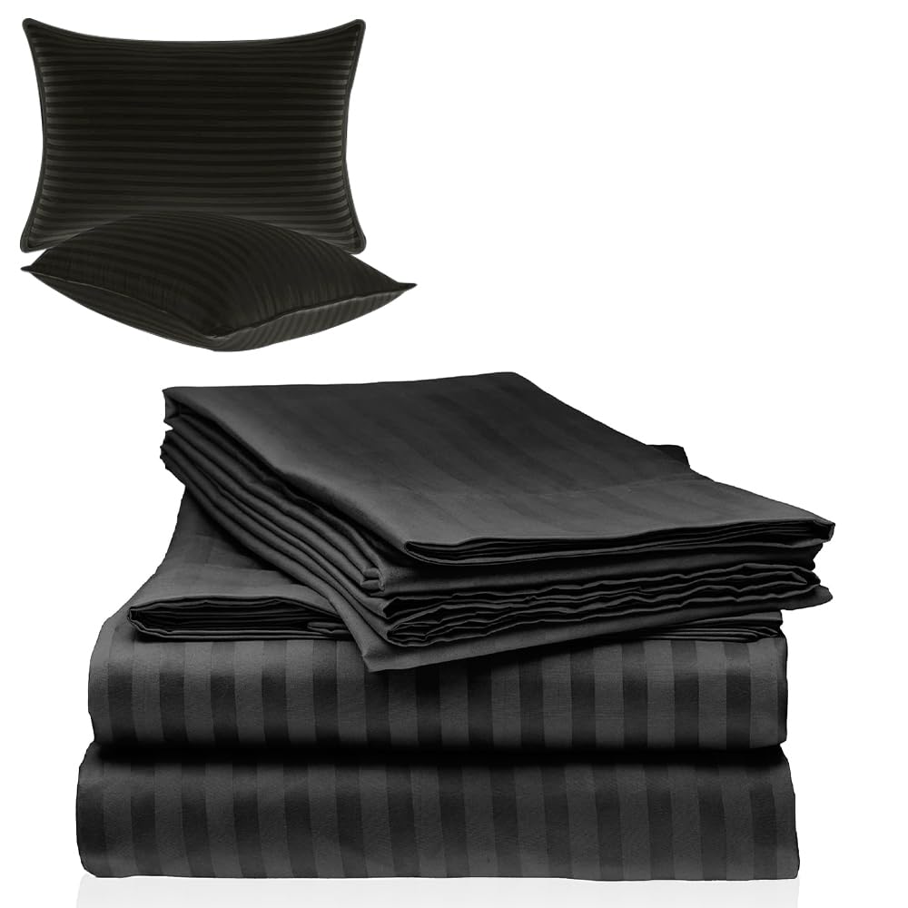 e World Luxurious Bedsheet Set – Striped Bedsheet Set (220x240cm) - 3 Piece Set with 1 Flat Sheet and 2 Pillowcases (50x70cm) - Soft and Breathable Microfiber for All Seasons.(Black, Double Bedsheet)