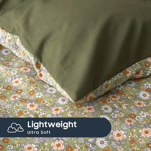 Image of Wake In Cloud - Floral Comforter Set, Cute Vintage Flower Cottagecore Aesthetic for Women Teen Girls, Soft Lightweight Dorm Bedding, 3 Pieces, Olive Green, Queen Size