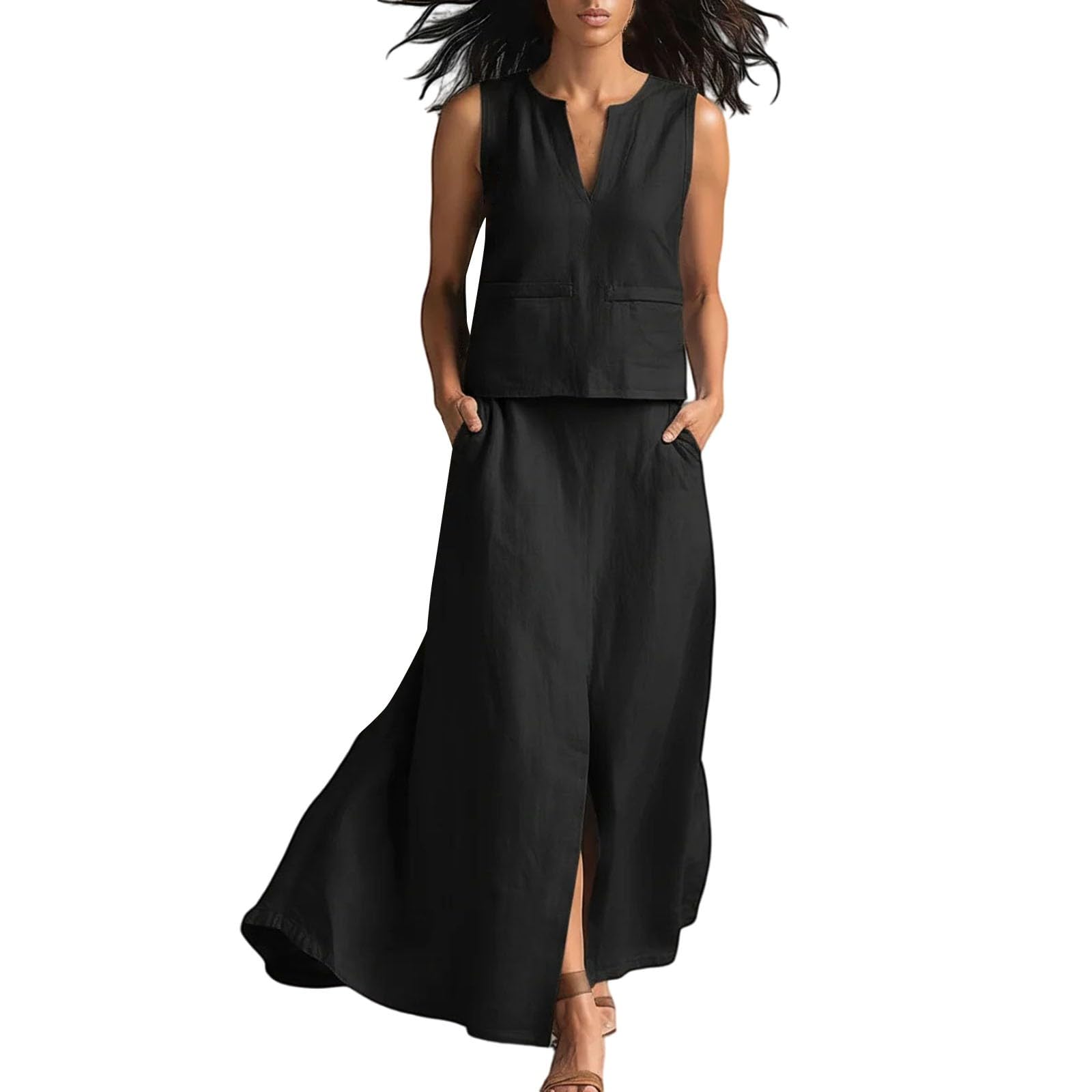 Linen Co Ord - Conjuntos de 2 piezas para mujer, traje de viaje al aeropuerto, cuello en V, chaleco sin mangas y falda larga con bolsillos, trajes de vacaciones de verano