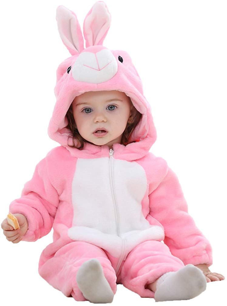ShangSRS Hooded Romper Baby Boys Girls Flannel Pyjamas 2-36 Months (Rabbit, 90（12-18 months）)