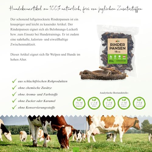 ALTO Getrockneter Rinderpansen für Hunde 850g - 15cm Stücke – Natürlicher Rinder-Pansen für Welpen, kleine und große Hunde - Hergestellt in Österreich