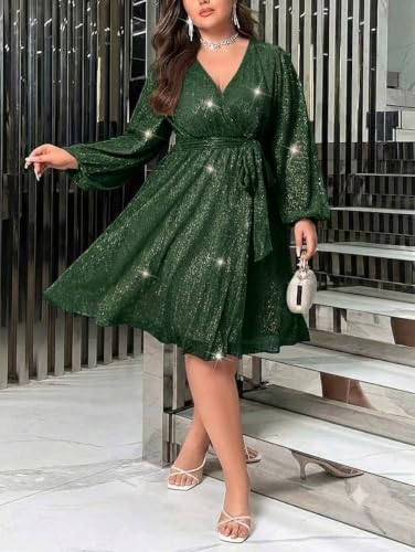 Image of RED DOT BOUTIQUE 876 - Plus Size Elegant Sheer Sleeve Dress with Waist Sparkle Chiffon Mesh Cocktail Dress
