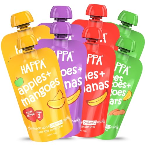 Image of Happa Organic Baby Food Puree | 100% Fruits and Vegetables | No Added Sugar, No Milk Powder, No Preservatives | Stage 2 (6 Months+) | Ready to Eat | Free from Common Allergens | (Pack of 8 (100 g Each))