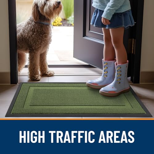 Image of OLANLY Front Door Mat Indoor Outdoor Entrance, Waterproof All-Season, All-Weather Doormat, Sturdy Natural Rubber, Low Profile, Easy Clean Patio Porch Entryway Mat, 47x32, Classic Green