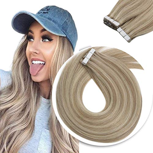 Sunny Tape in Hair Extensions Highlighted Blonde Human Hair Color #16 Dark Ash Blonde Mix #22 Blonde Skin Weft Hair Extensions Adhesive Tape in Remy Hair 20inch 20pcs 50g