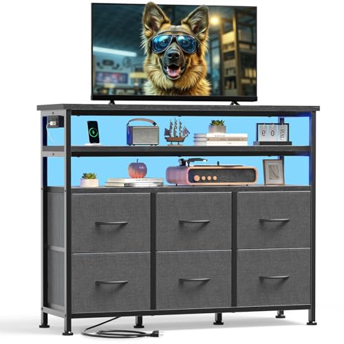 Image of DUMOS TV Stand for Up to 45 inch TV, Entertainment Center with Remote or App-Controlled LED Lights & Charging Station, Media Console Table with 6 Fabric Drawers, 2 Shelves for Living Room, Grey