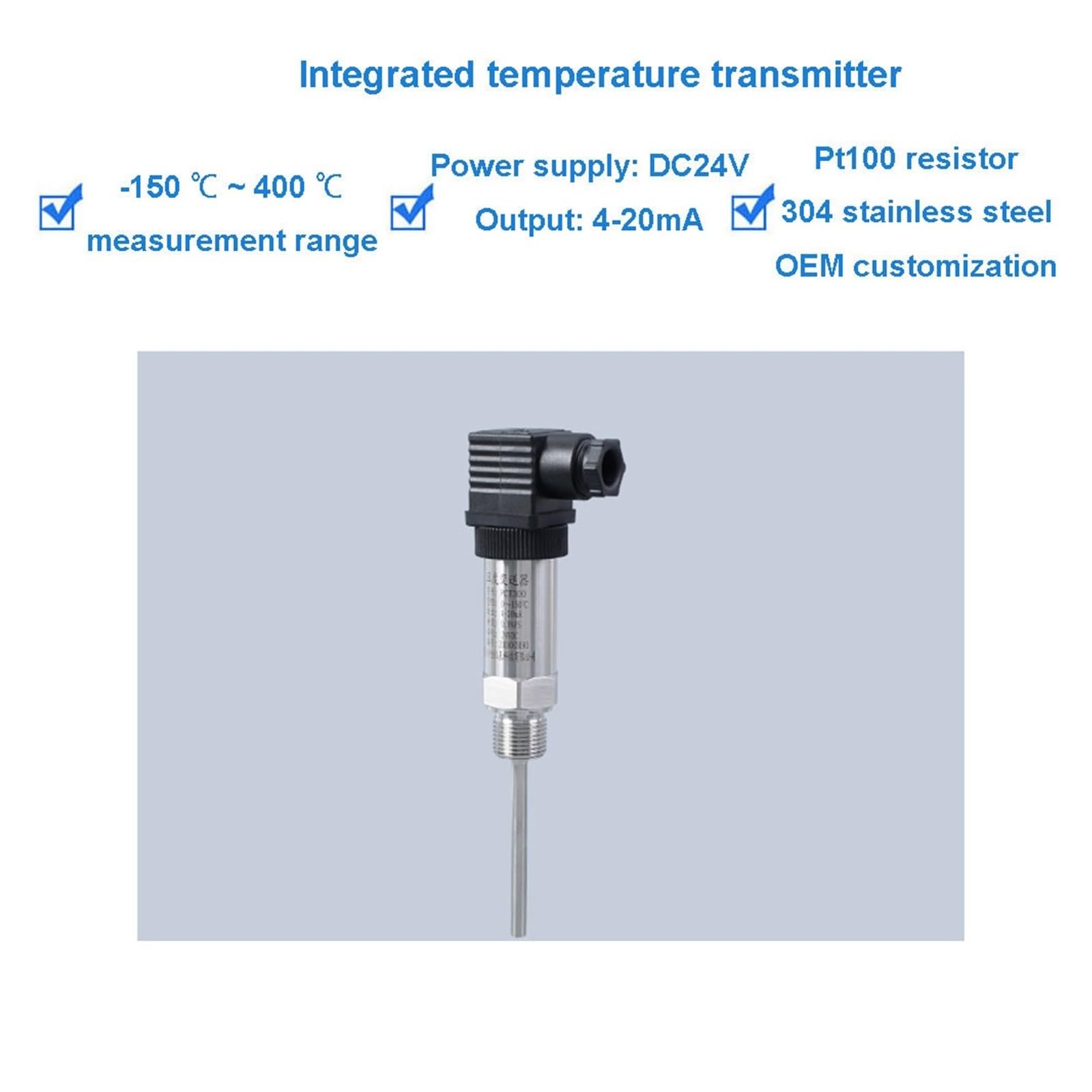 Czujnik temperatury, Nadajnik temperatury Pt100, wyjście 4-20 mA, zakres od -150 do 400°C, zasilanie DC 24 V, gwint M20x1,5, sonda 80 mm(-50-100)