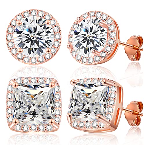 Brilliant Round Square Halo Stud Earrings For Women Men | 2 Pairs Rose Gold Plated Cubic Zirconia Simulated Faux Diamond Halo Stud Earrings Set, Fake Diamond Cz Piercing Earrings Studs Sets #TOP10