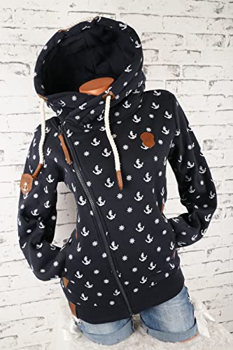 VIN TE Damen Sweat Jacke XXL Kapuze Hoodie Übergangsjacke Fleece gefüttert schräger Reißverschluss verschiedene Modelle Anker Pfote M - 3XL (as3, alpha, 3x_l, regular, regular, Blau-1797, 3XL)