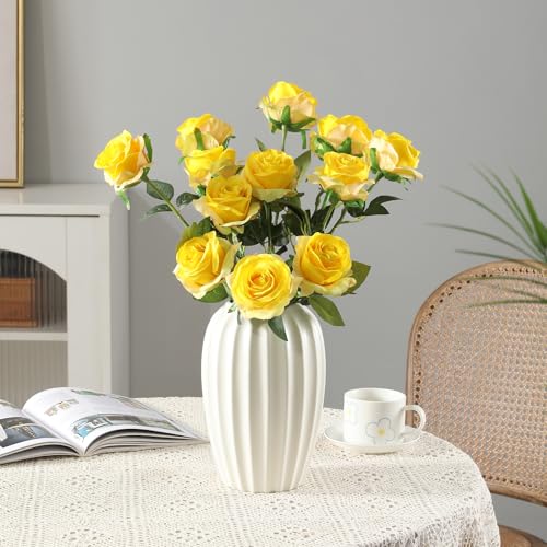 Image of Tifuly 12Pcs Roses Realistic Long Stem Fake Silk Artificial Flowers Yellow