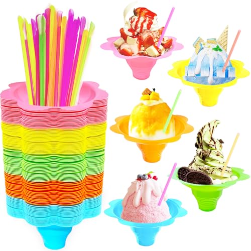 Cmaqpw 200PCS 4oz Colorful Snow Cone Cups Set with 100Pcs Spoon Straws and 100Pcs Cups,Plastic Reusable Flower Shaved Ice Drip Cups Snack Ice Cream Bowls for Birthday Party,Holiday,Summer
