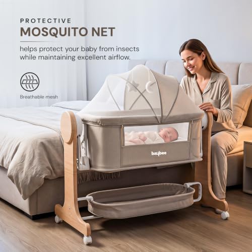 Image of BAYBEE 3-in-1 Electric Wooden Cradle for Newborn Baby | Baby Bassinet, Cribs & Cots with 5 Speed Automatic Swing & 3 Height Adjustable | Bedside Crib for Baby with Remote, Touch Panel, Music & Storage