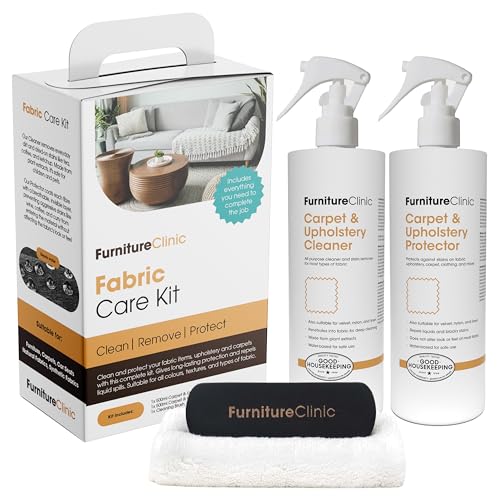 Kit de cuidado textil Furniture Clinic | Incluye: 500 ml de limpiador, 500 ml de protector, paño de microfibra y cepillo de limpiar para ropa, alfombras y tapicerías | Funciona en todo tipo de tejidos