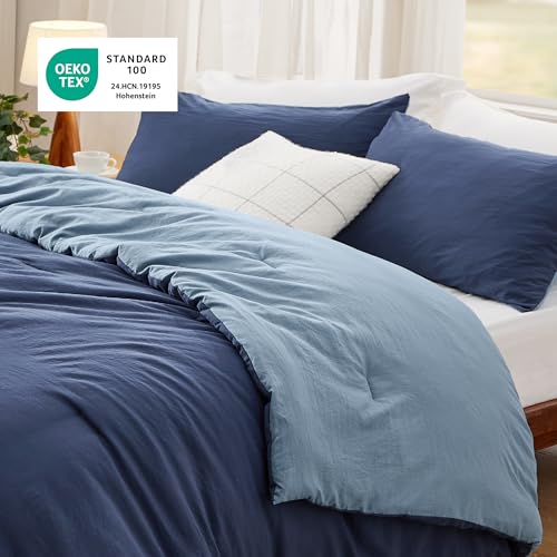 Image of Bedsure Queen Comforter Set, Navy Blue Soft Prewashed Bedding for All Seasons, 3 Pieces GentleSoft Bed Set, 1 Lightweight Comforter (90 inchx90 inch) and 2 Pillowcases (20 inchx26 inch)