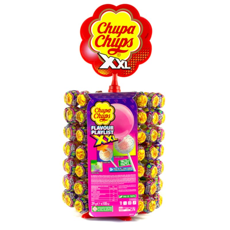 Expositor de 105 Piruletas XXL Surtidas – Caramelos con Palo Rellenos de Chicle | Sabores Variados | Presentación en Rueda Apilable