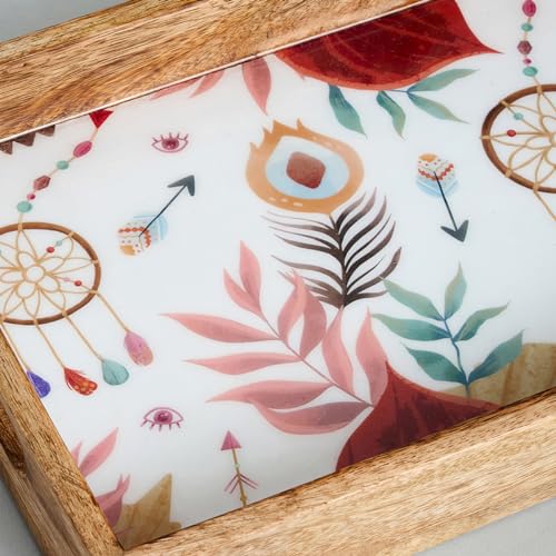 Image of SAAGA Rectangle Deep Dish Tray with Double Handle for Snack Serving in Attractive Prints - 12 Inch X 8 Inch - Mango Wood Kitchen Dining & Decoratives, Burnt Sienna