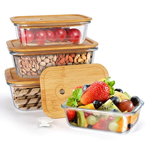 Myiosus Boite Alimentaire Verre Lot de 4 Pcs, Boites Conservation Verre avec Couvercle en bambou, Hermetiques, Boite de Rangement Alimentaires pour cuisine et au Congélateur
