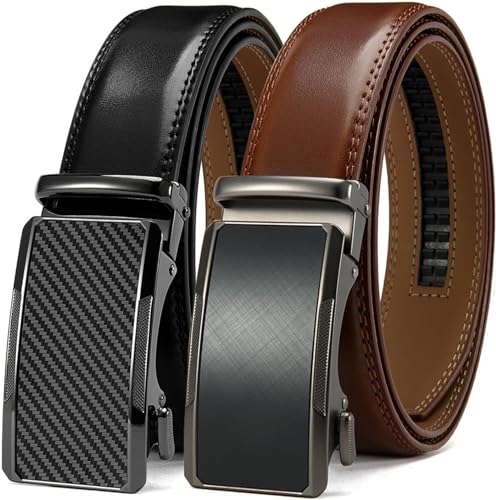 Image of Men's Ratchet Leather Belt Set - 2 Pack Sliding Belt Adjustable For Gift Mens Dress Casual 1 3 /8 inch,Cut for Fit