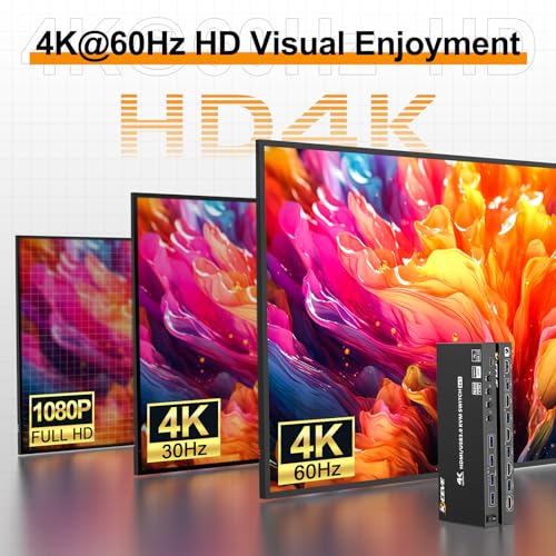 Image of HDMI KVM Switch 4 Computers 4K@60Hz 2K@120Hz, Simulation EDID, Camgeet 4 Port USB3.0 KVM Switches for 4 PC Share 1 Monitor and Keyboard Mouse Printer,with Wired Remote,12V Power Adapter and 5 Cables