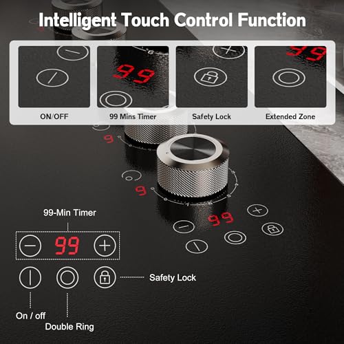Image of 36 Inch Electric Cooktop 5 burner Karienvir, 8900W Built-in Electric Stove Top, Cooktop 36 inch with Double-ring Burner, Knob & Touch Control, 9 Power Levels, Timer, Safety Lock, 220V-240V Hard Wire