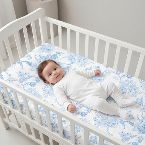 Image of DILIMI Fitted Crib Sheets for Baby Boys and Girls, Ultra-Soft Breathable Baby Crib Sheet Fits Standard Crib and Toddler Mattress, Blue Floral