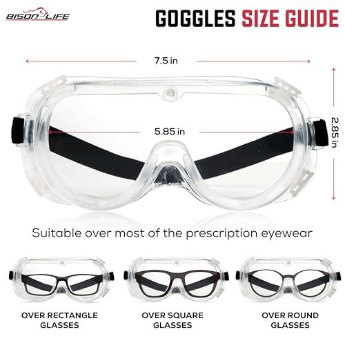 Image of BISON LIFE Vison Safe SplashGuard Clear Safety Goggles Eye Protection Chemical Splash Resistant Anti-Fog Anti-Scratch Adjustable Strap Glasses - Pack of 1