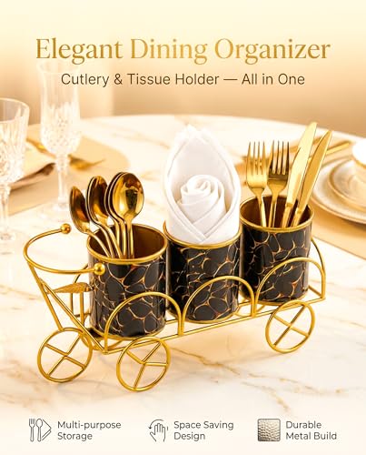 Image of Cutlery Holder for Dining Table with Tissue Holder | Metal Spoon Fork Knife Stand Organizer | 3 Compartment Tabletop Cutlery Stand (Black & Gold)