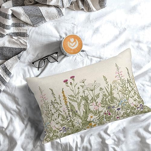 Image of AEIOAE Sage Green Pillow Covers 12x20 Inch Set of 2, Spring Wildflower Plant Throw Pillows Case,Seasonal Floral Outdoor Decorative Flowers Farmhouse Decor Cushion Covers for Home Sofa Bed Couch
