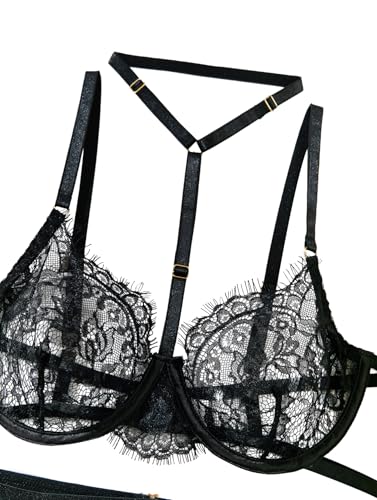 Image of Lilosy Sexy Choker Floral Lace Scallop Sheer Underwire Push Up Garter Belt Lingerie Set 3 Piece