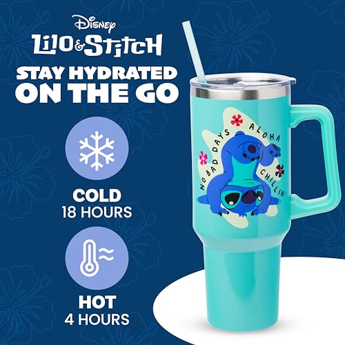 Image of Silver Buffalo Disney Lilo and Stitch Aloha No Bad Days Chillin' Double Walled Stainless Steel Tumbler with Handle and Straw, Fits in Standard Cup Holder, 40 Ounces