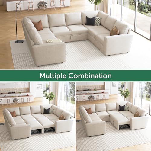 Image of HONBAY Sleeper Sectional Couch with Pull Out Bed, Modular Sofa with Storage Seats, U Shaped Sectional Couches for Living Room, Beige