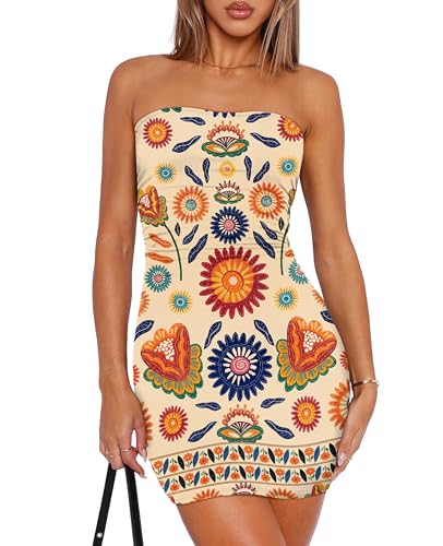 Image of OFEEFAN Summer Dresses for Women 2025 Strapless Ruched Party Club Bodycon Mini Dress
