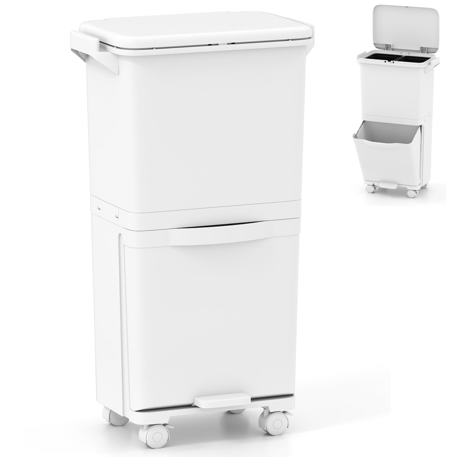 TANGZON Recycling Bins, 40L Trash Can Garbage Bin with 3 Compartments, Wheels, Classification Stickers & Handle, Vertical Waste Separation System for Kitchen Home (42x28x74cm, with 2 Removable Bins)