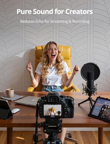 Image of Kuchoow Large Acoustic Panels Sound Absorbing Foam Wall Art Acoustical Treatments for Recording Studio, 4-Pack Self Adhesive White Decorative Leaf Textured Ceiling Tiles for Ceiling 47 inchx24 inchx0.4 inch