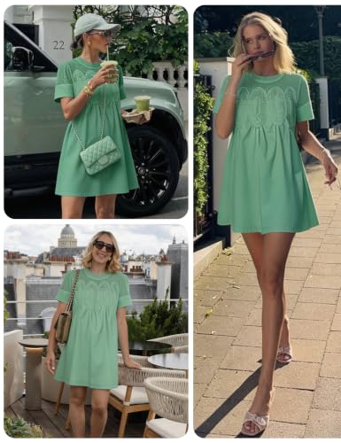 Image of Shiyifa Womens Babydoll Lace Patchwork Dresses Summer Short Sleeve Ruffle Sundress Loose Crew Neck A-Line Dresses