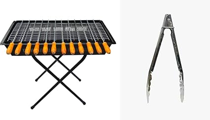 NE GRILLS Portable BBQ Grill & Tong with Pair Of Handle, Food Grill & 12 Skewers | Cast Iron | Ideal for Camping, Hiking, Picnics, and Travel