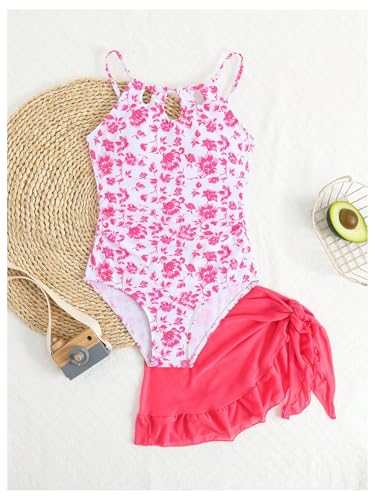 Image of Milumia Girl's Floral One Piece Swimsuit Spaghetti Strap Swimwear with Cover Up Skirts