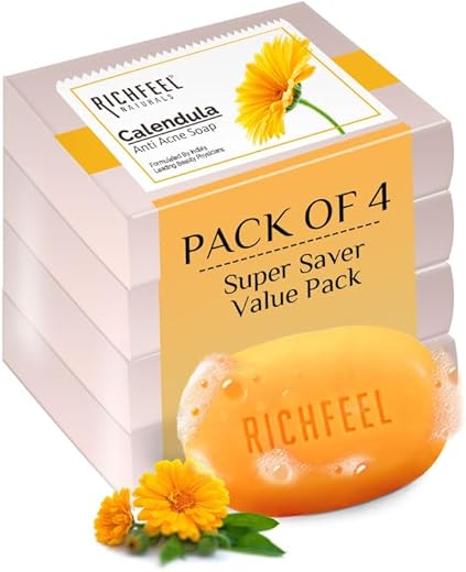 Richfeel Calendula Anti-Acne Soap | For Skin prone to Acne & Blemishes | Physician Formulated | Helps Calm & Replenish Skin | 75 g (Pack of 4)