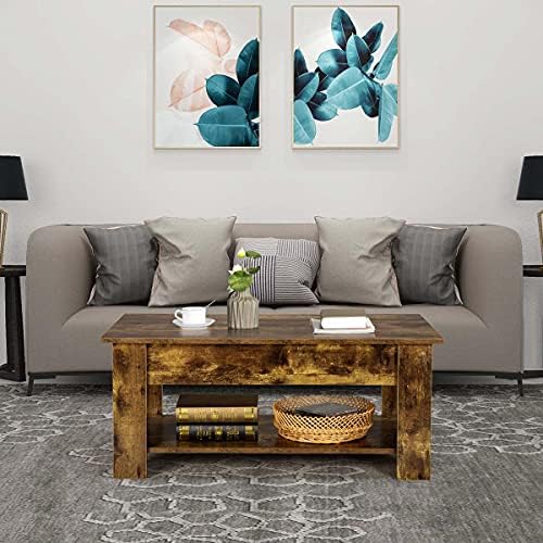 Yaheetech Lift Up Coffee Table, Rustic Coffee Table with Hidden Compartment and Bottom Storage Shelf, Tea Table with Lift Top for Living Room